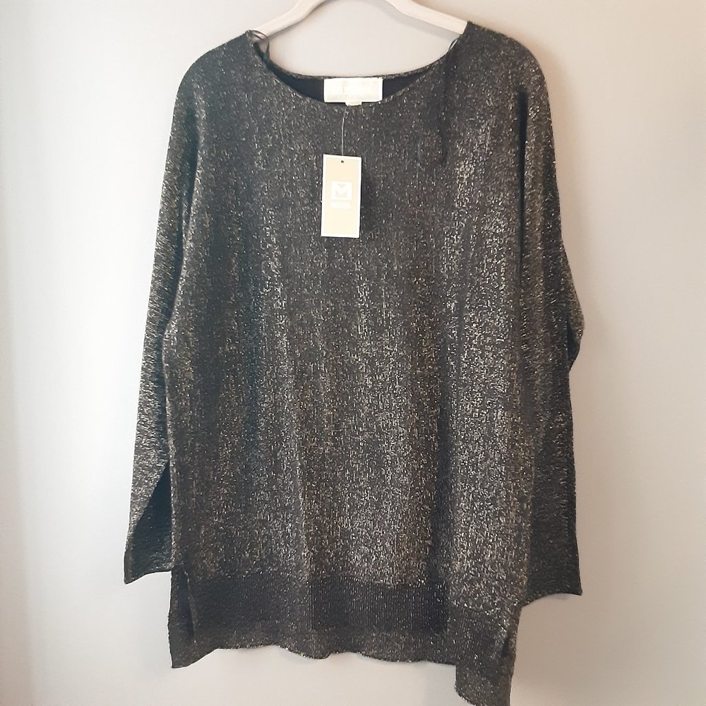 New! Michael Kors Black Gold Metallic Long Sweater Tunic Medium